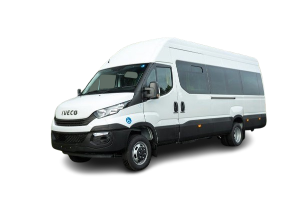 Combi blanca Iveco para traslado de pasajeros de Transporte Graneros